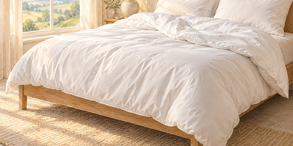 illustration of a very large white duvet on a bed folded.
