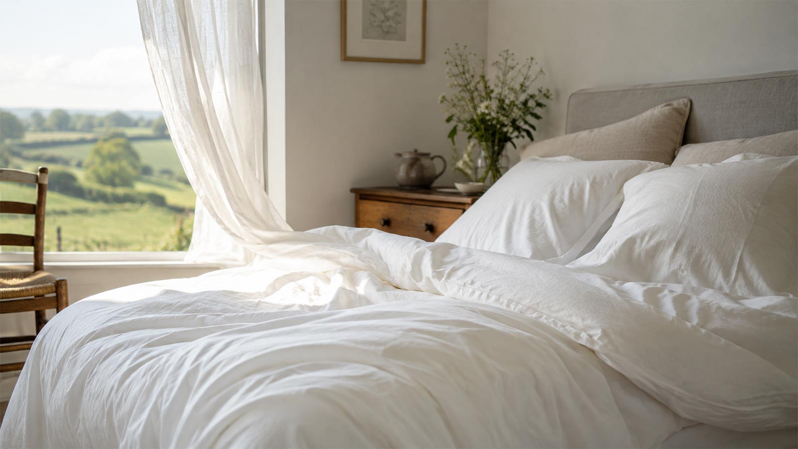 Light natural bedding in an airy bedroom for warmer summer nights