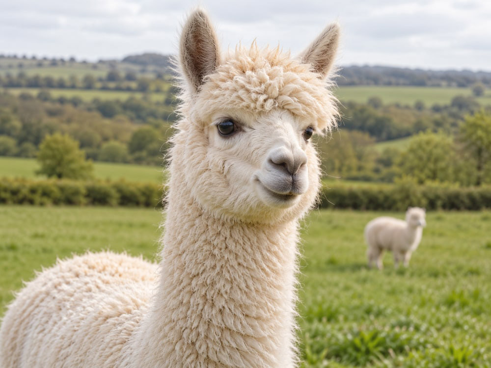 A cream-coloured alpaca in a field.