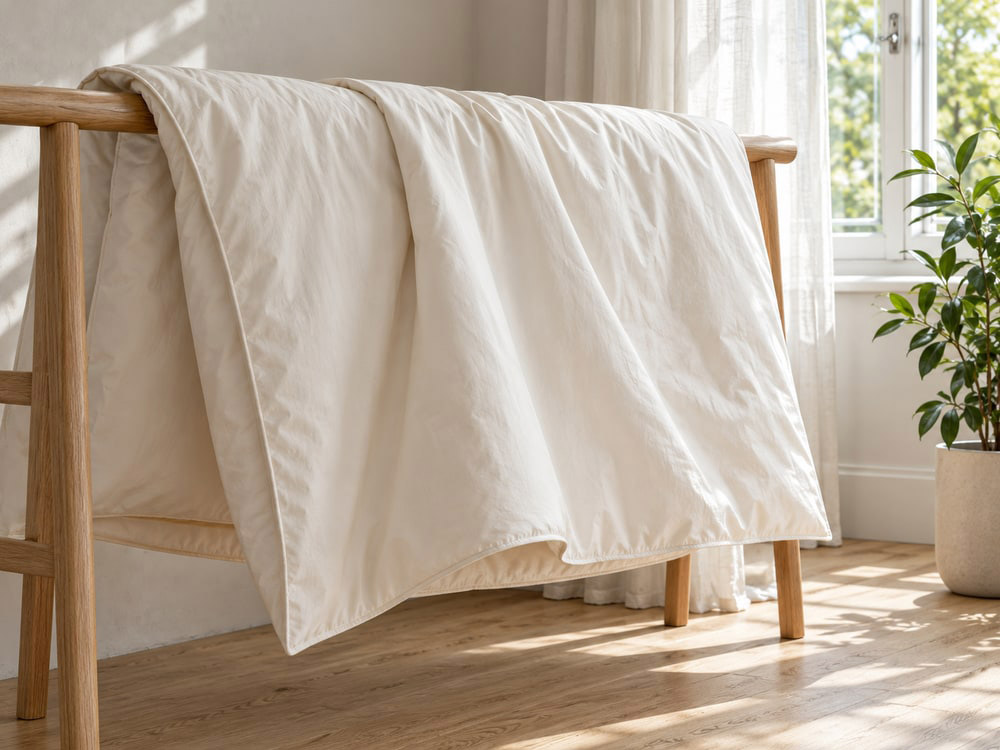 A folded Botanic duvet in a naturally lit bedroom.