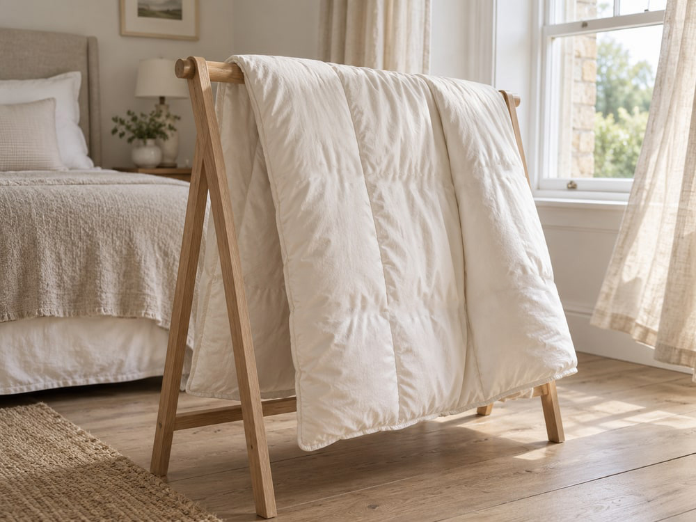 A wool duvet airing beside an open window.