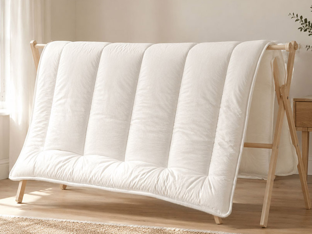 A wool mattress topper being gently straightened on a bed.