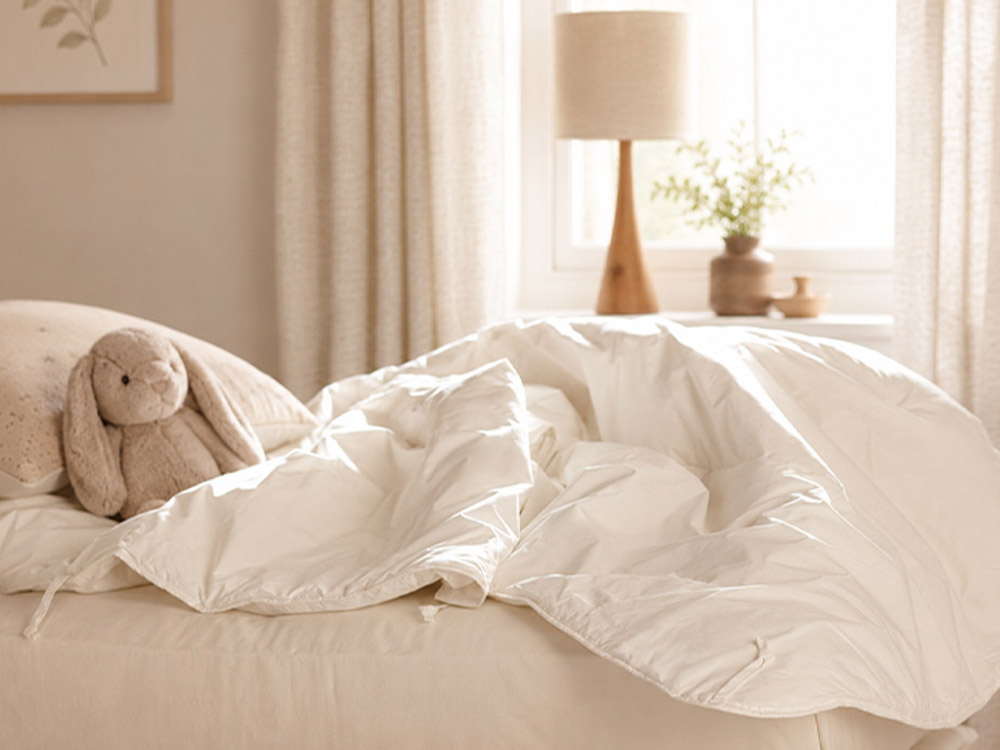A child resting in a bed with natural bedding.
