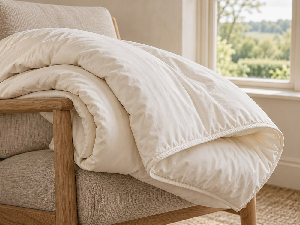 Finishing details on Devon Duvets natural bedding.