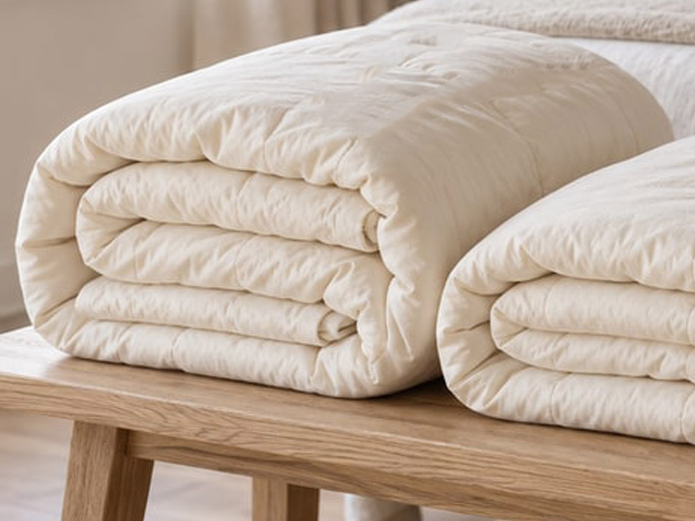 Three folded natural duvets in different weights.