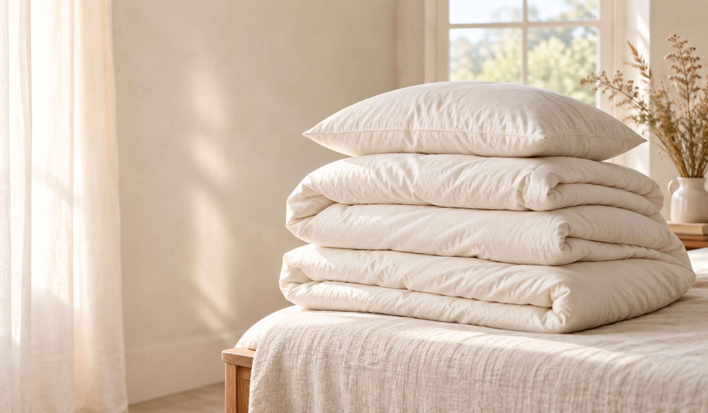 Folded natural duvets and pillows in soft daylight.
