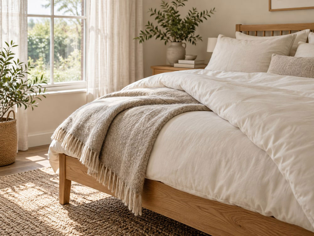 Natural bedding, wooden furniture and a plant in a light bedroom.