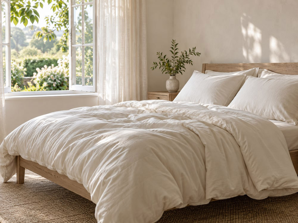 A restful bedroom with natural bedding and wooden furniture.