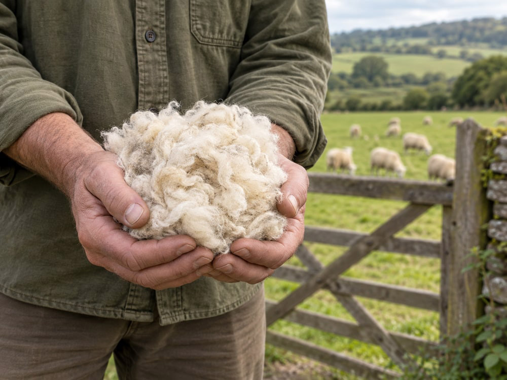 Wool fleece in a British farm setting.