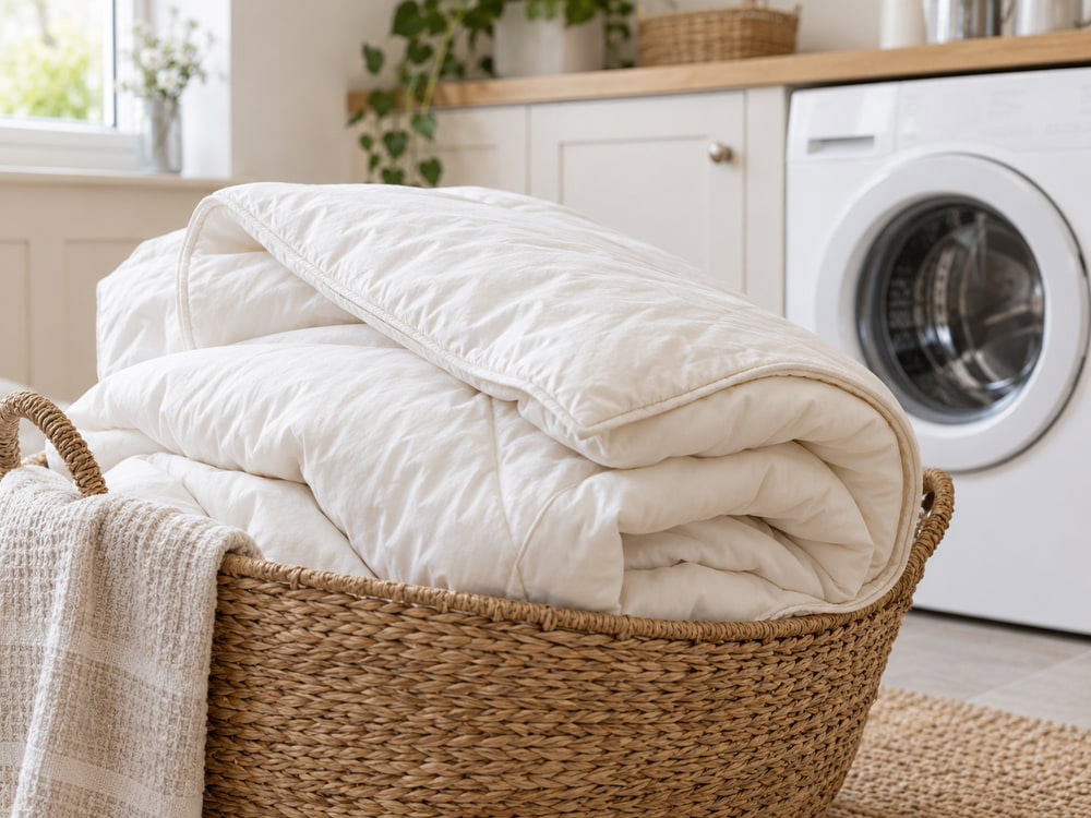 A wool duvet with its fabric care label.