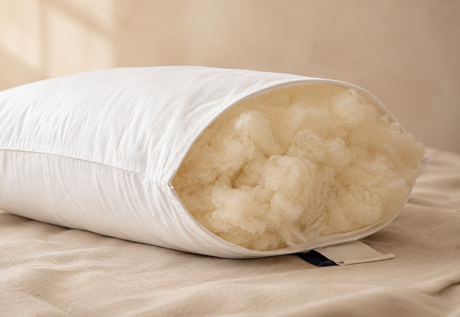 Close up of a Devon Duvets wool pillow showing natural British wool filling and cotton casing.