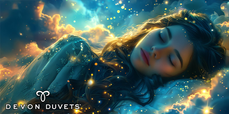 Woman peacefully sleeping, surrounded by glowing dreamlike light
