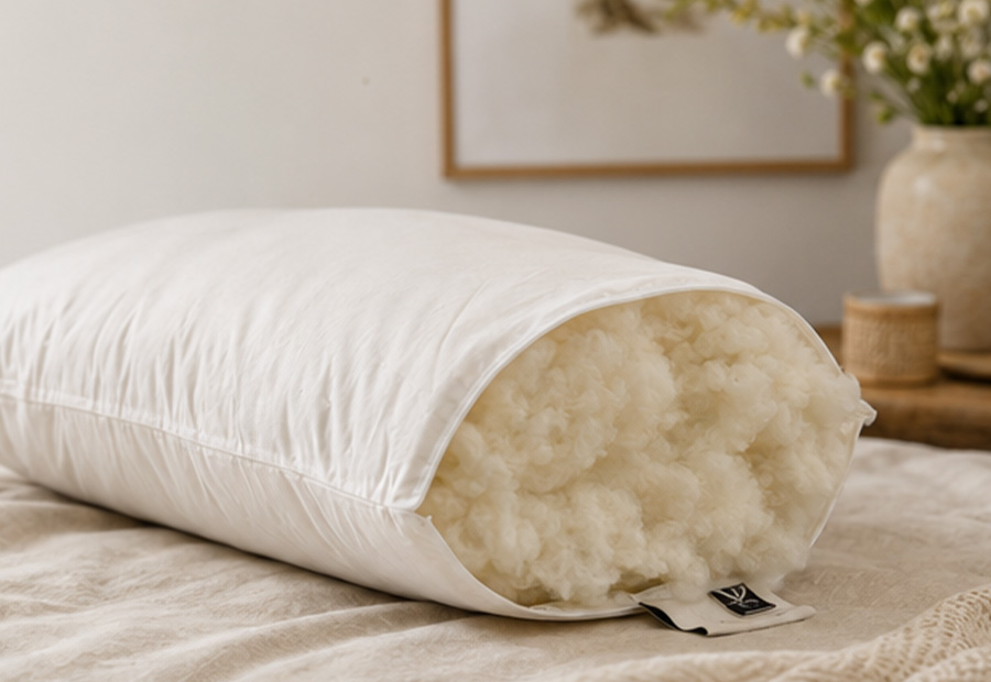 Original Adjustable Wool Pillow opened to show removable British wool filling.