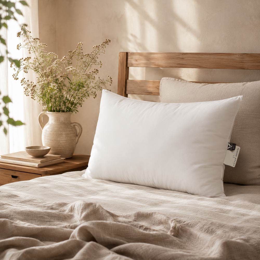 Cosy natural bedroom with wool pillows and bedside styling for personal pillow advice.