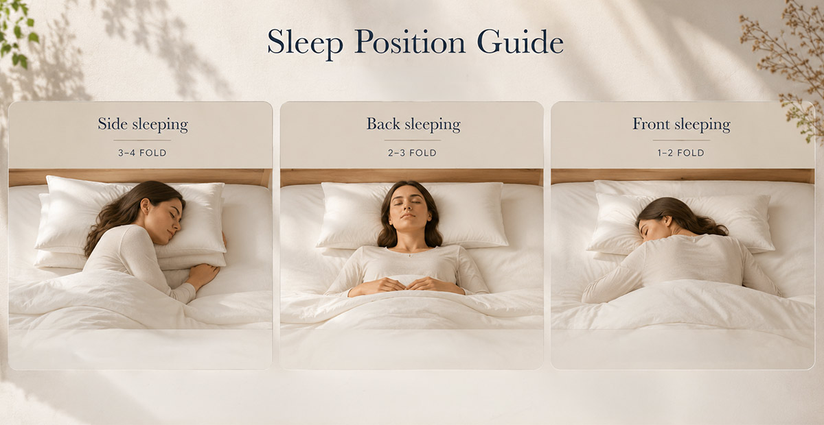 Soft visual guide showing side back and front sleeping positions for choosing the right pillow.