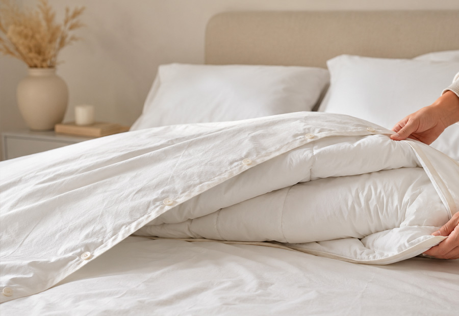 Wool duvet being protected with a breathable natural cotton duvet cover.