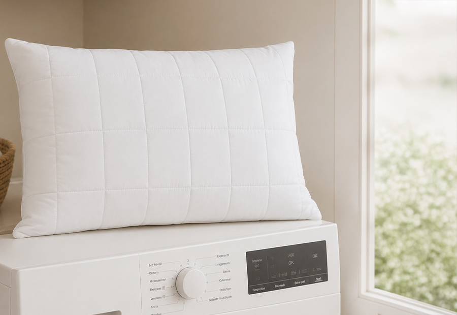 Quilted wool pillow casing prepared for washing on a 30 degree wool cycle.