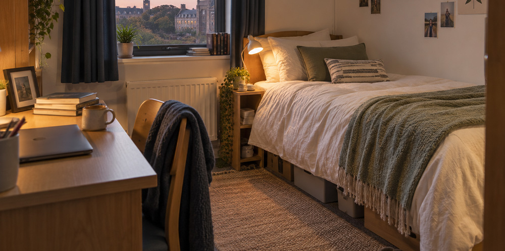 a student bedroom in the uk with bed up against wall and a desk