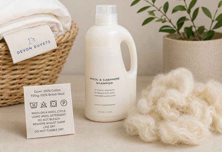 Specialist wool detergent and care label for washing a natural wool duvet.
