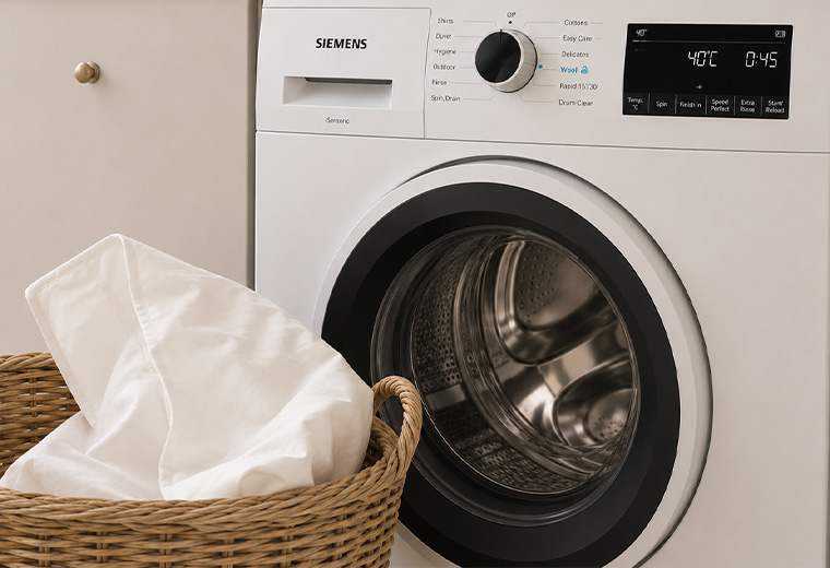 Empty cotton pillow casing beside a washing machine set to a gentle 40 degree cycle.