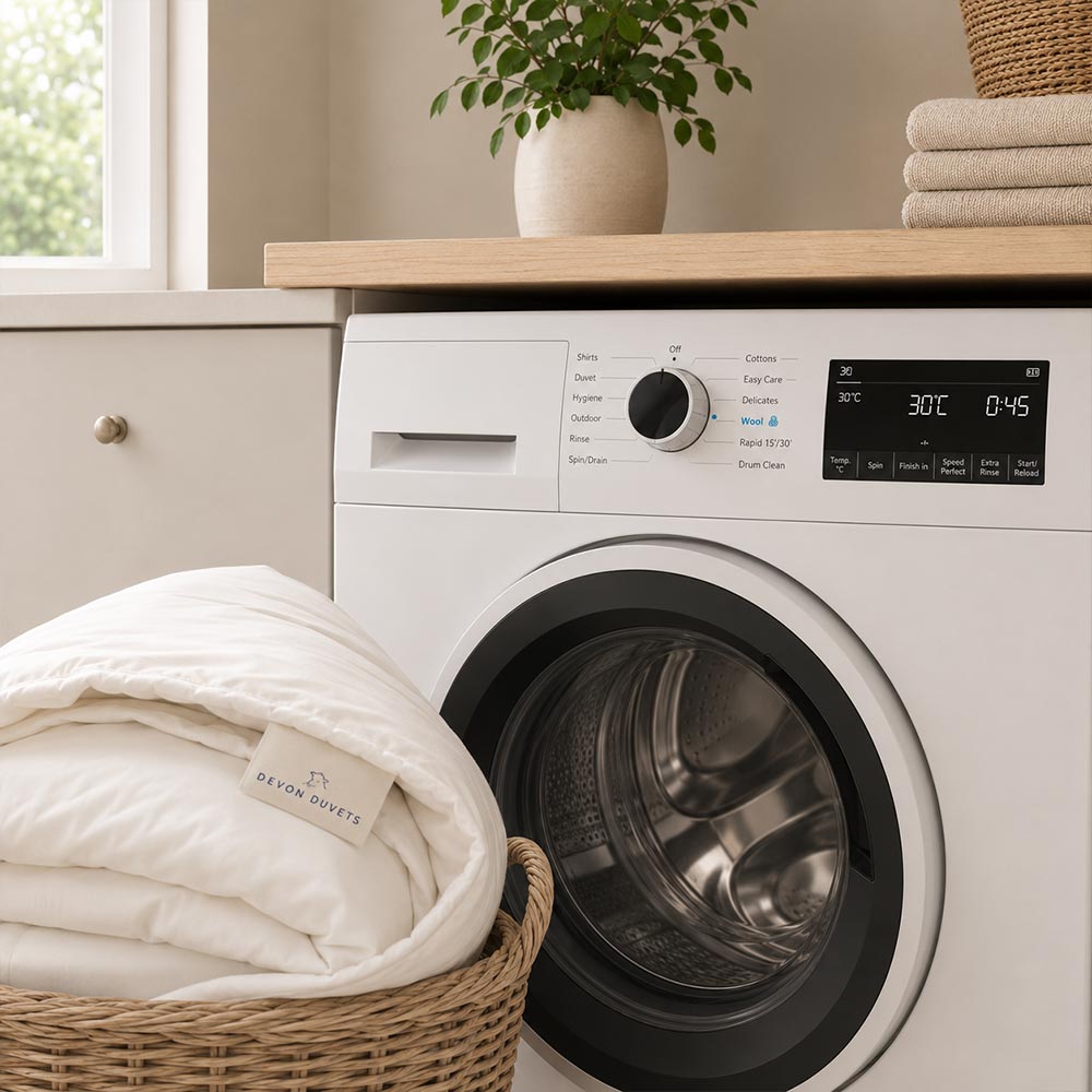 Wool duvet beside a washing machine set to a gentle 30 degree wool cycle.