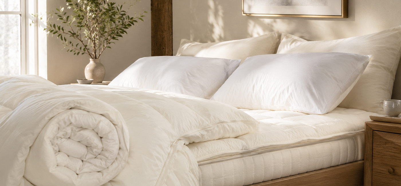 Natural wool duvet pillow and mattress topper styled together in a calm breathable bedroom.