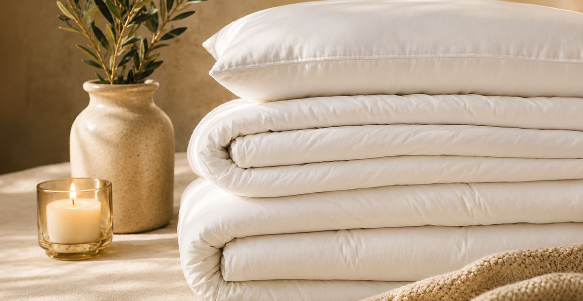 Wool duvet pillow mattress topper and mattress protector shown together as a natural bedding system.