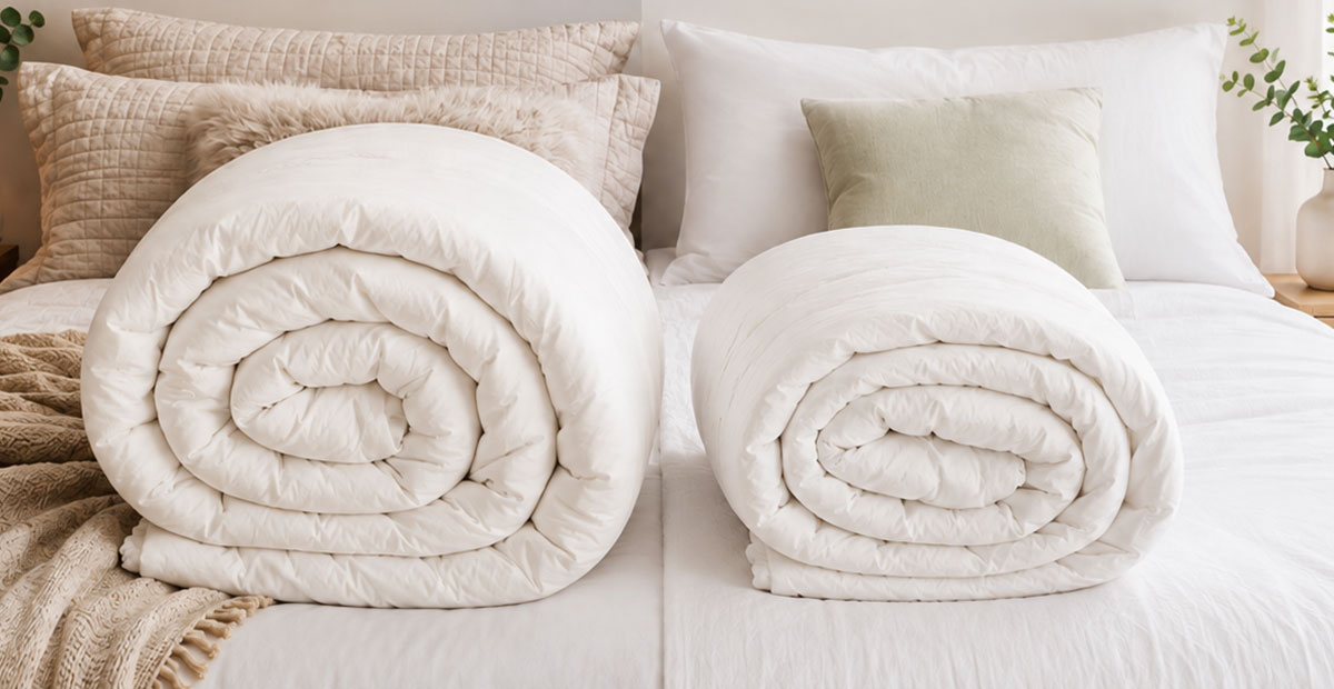 Wool bedding styled to represent comfortable use across warmer and cooler seasons.