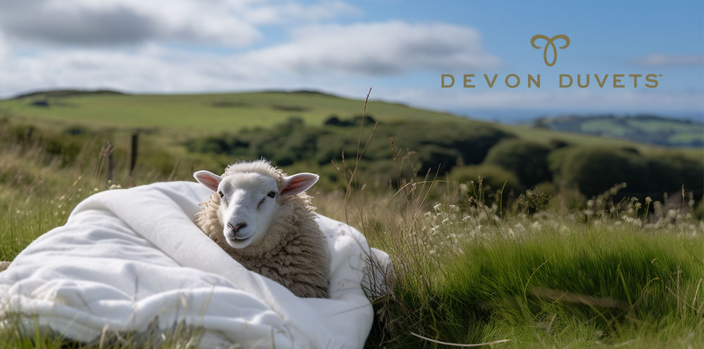 Sheep comfortably nestled under a duvet, illustrating the natural comfort of Devon Duvets' wool bedding.