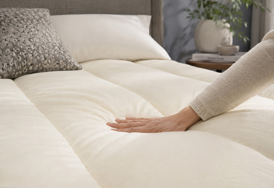 Hand gently pressing wool bedding to show its natural loft and resilience.
