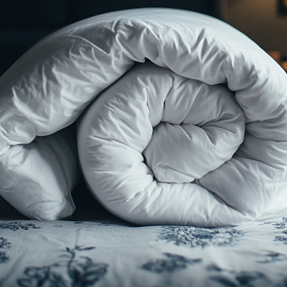 Natural wool bedding in a calm bedroom representing breathable natural comfort.