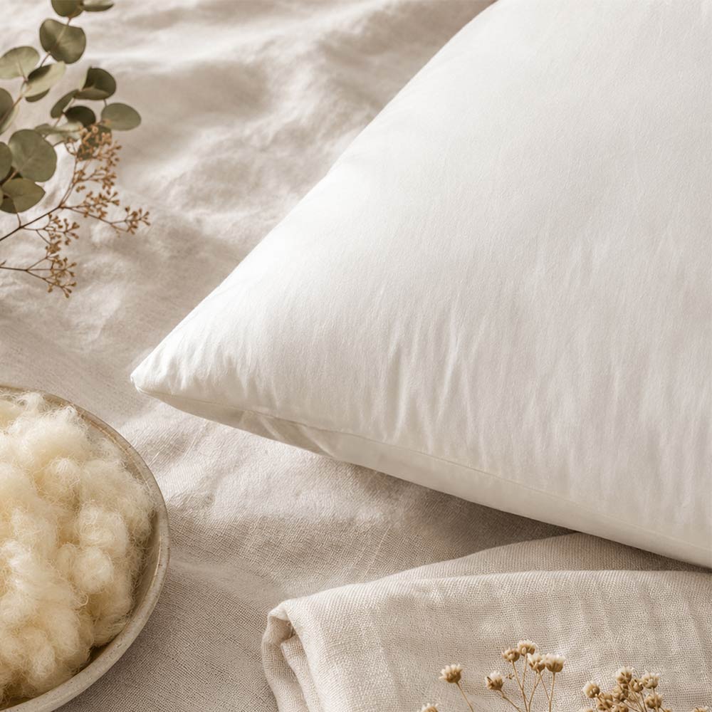 Natural wool and cotton materials flatlay showing the breathable fibres used in Devon Duvets wool pillows.
