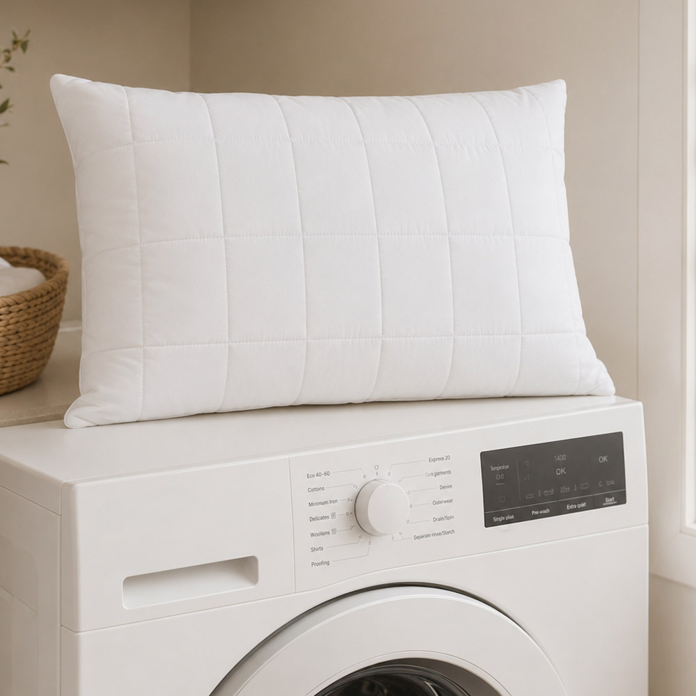 Wool pillow beside a washing machine and wool detergent for gentle care.