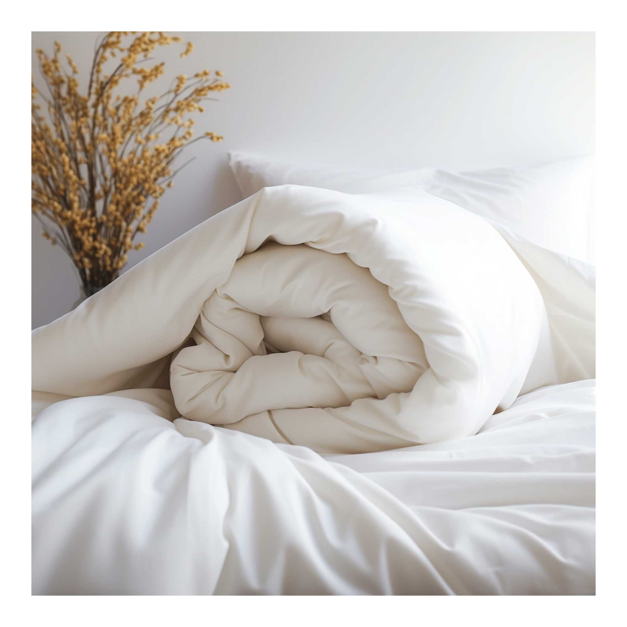 Devon Closewool wool duvet draped over a modern bed frame with soft lighting.