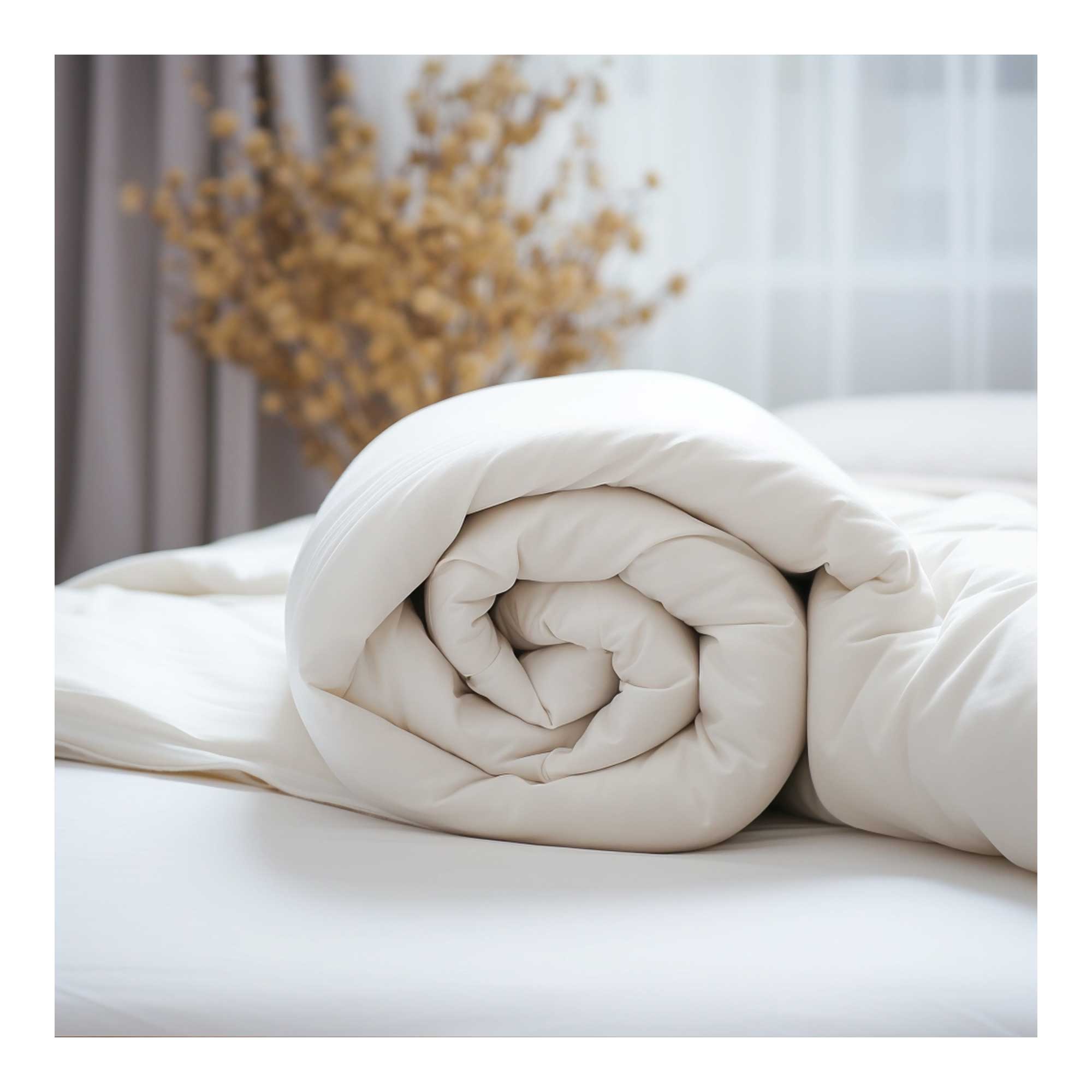 Devon Closewool wool duvet placed on a rustic wooden bench, emphasizing its natural origins.
