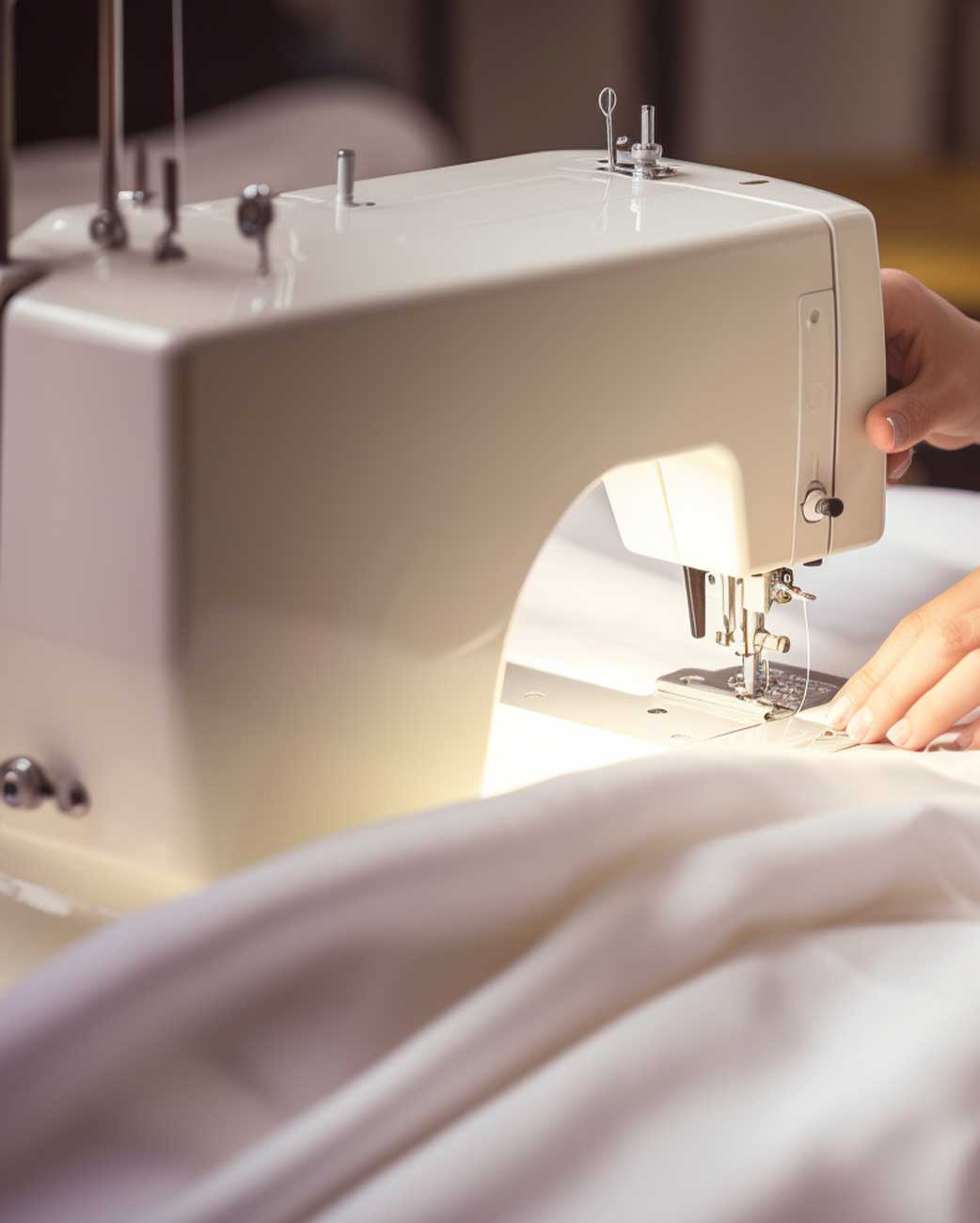 Devon Duvets artisan sewing machine crafting high-quality bedding.