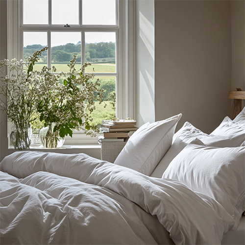 Light-filled bedroom with white bedding, books, and wildflowers on a windowsill.
