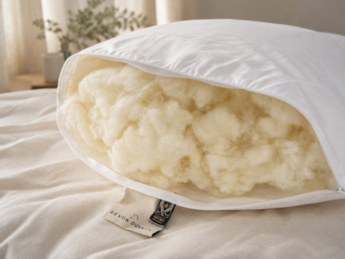 Hands adjusting wool filling inside an open cotton pillow casing