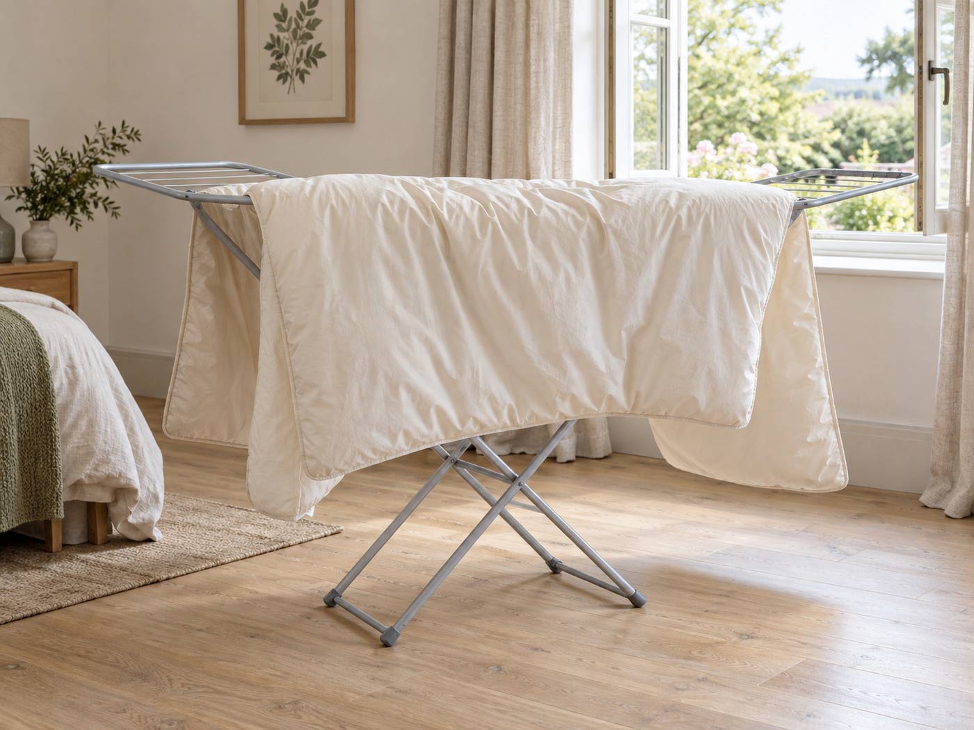 A cream duvet spread across a clothes airer near an open window