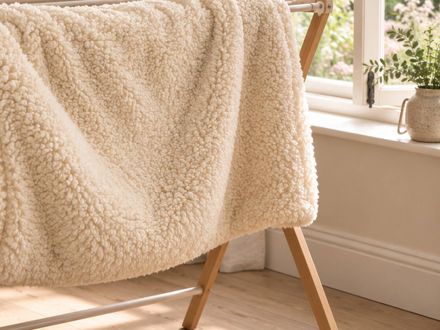 An empty cream fleece pet bed casing air drying on a clothes airer near an open window