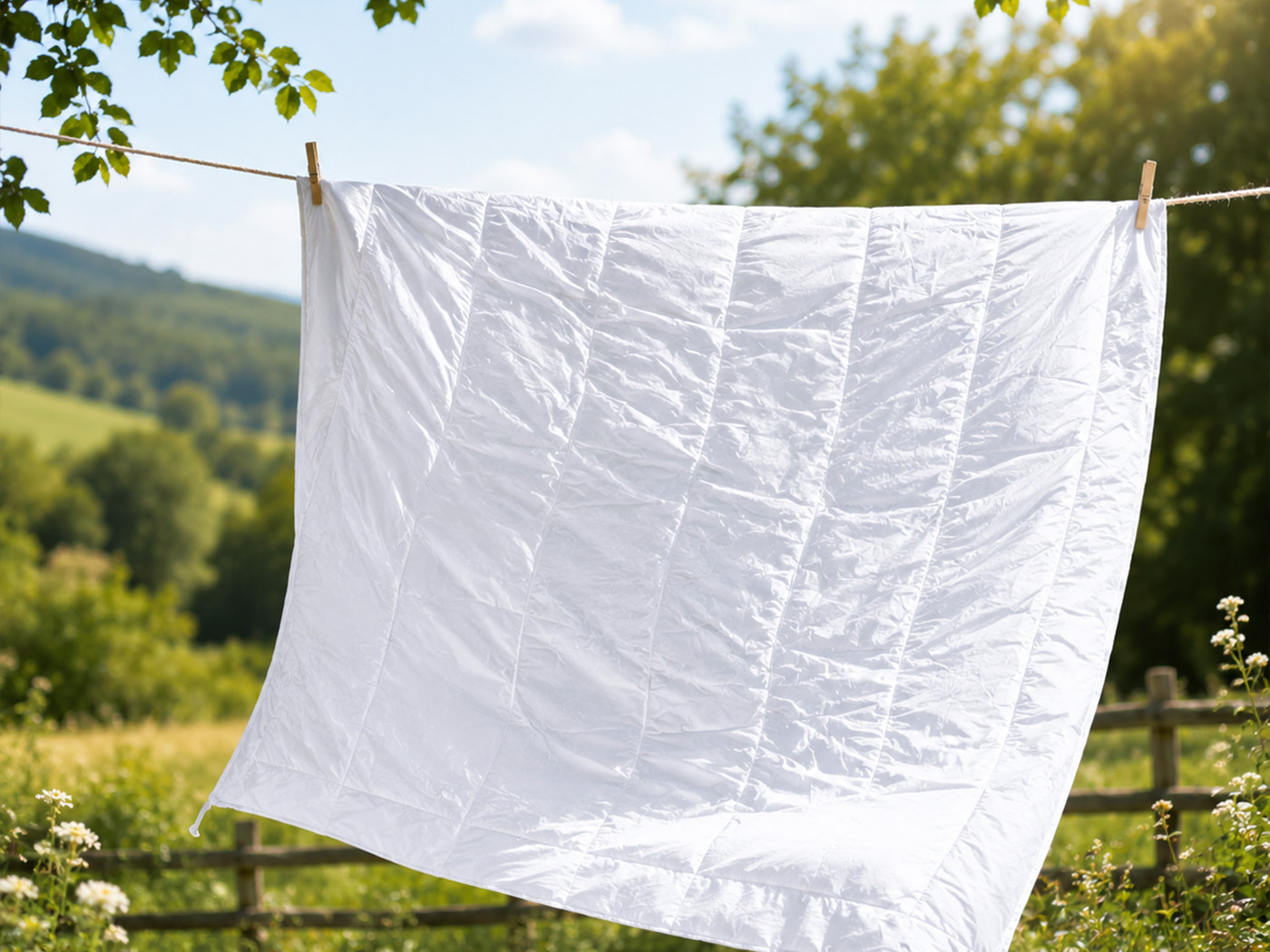 A cream duvet airing over a broad outdoor rail in a shaded garden