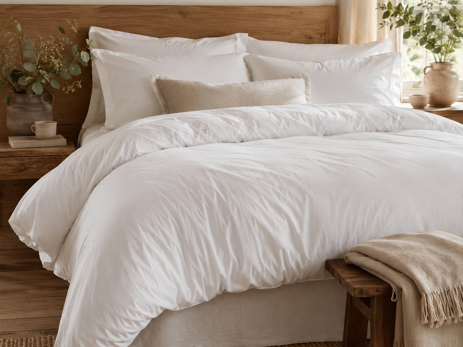 A cream cotton-covered alpaca duvet and pillows arranged on a bed in a calm bedroom