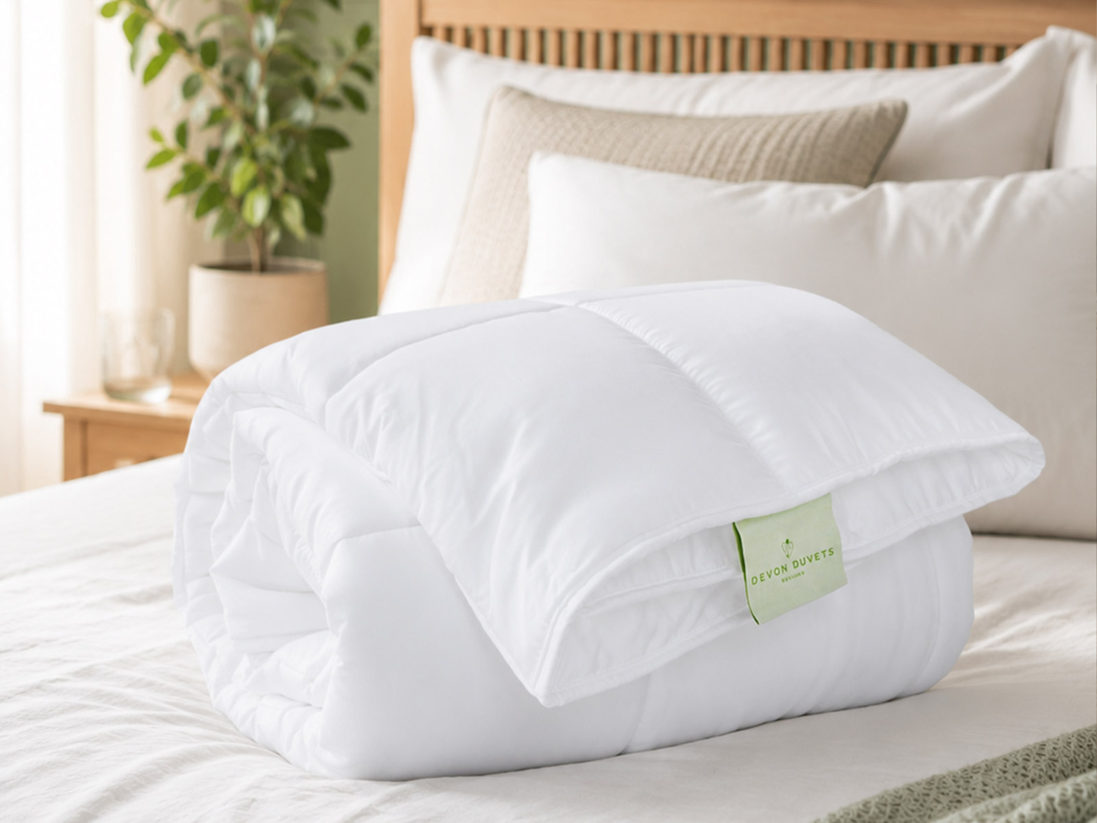 A cream cotton-covered Botanic duvet and pillows on a bed in a calm, naturally styled bedroom