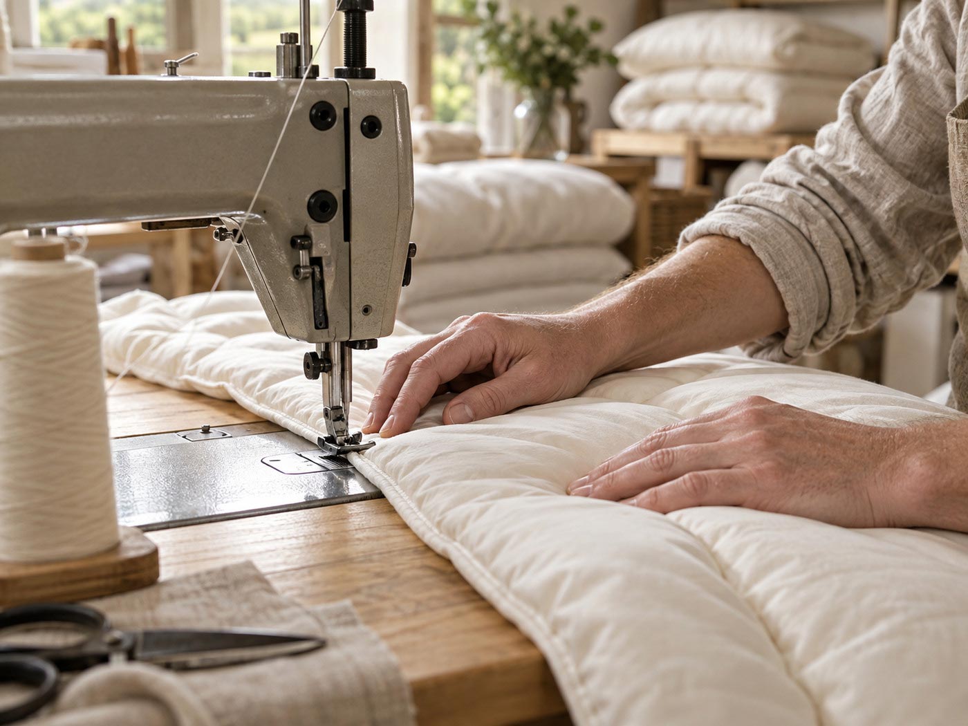 A maker's hands carefully stitching wool bedding in the Devon Duvets workshop