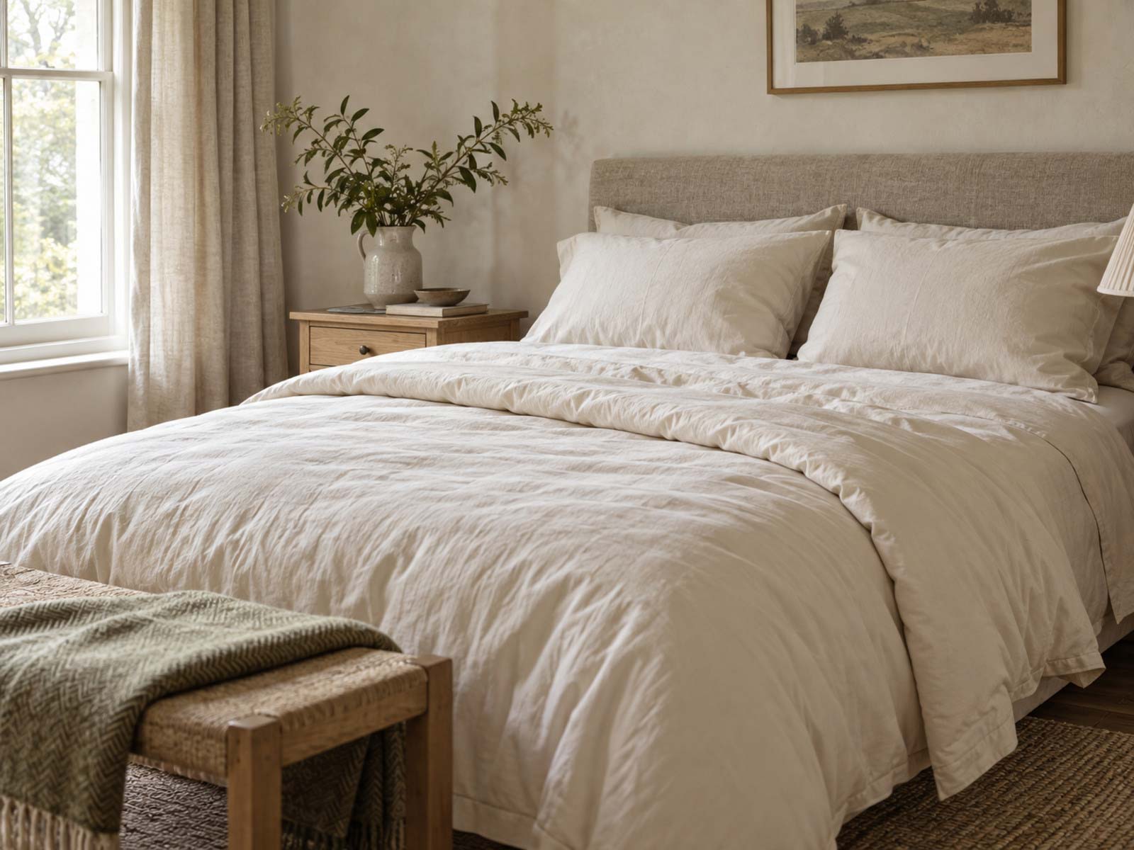 British wool duvet and pillows on a softly dressed bed in a calm, naturally lit bedroom
