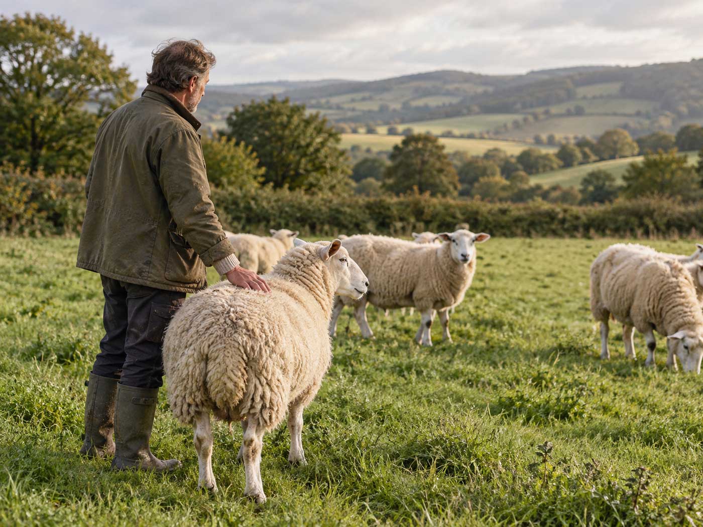 A sheep farmer tending a flock in a British pasture