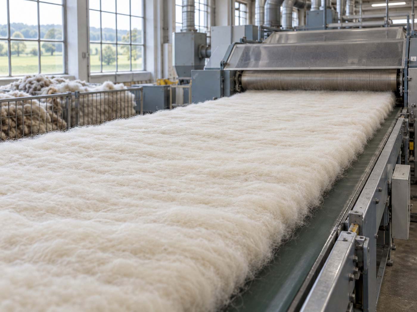 Prepared ivory wool forming a soft continuous layer at a textile mill