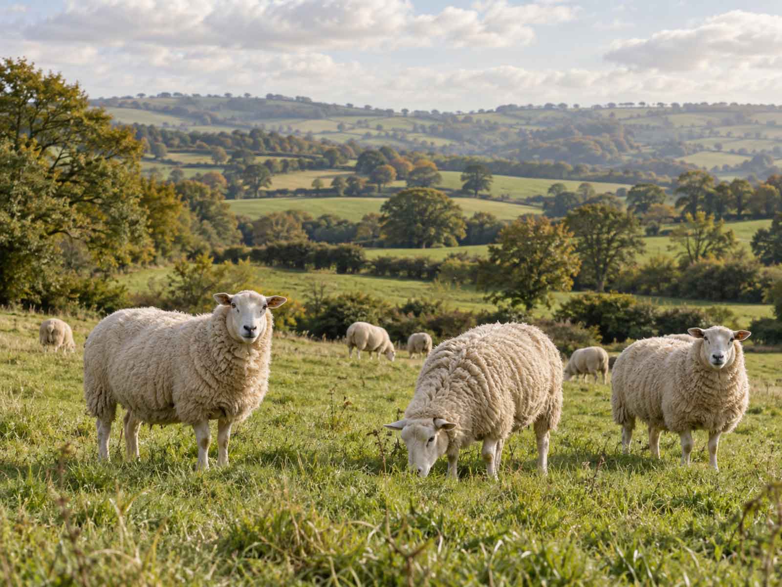 Sheep with thick wool fleeces grazing in rolling British countryside
