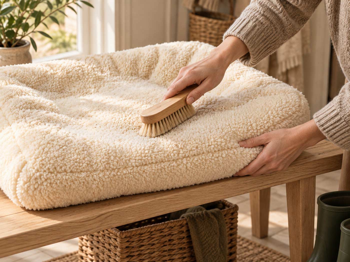Hands gently brushing loose dry dirt from a cream fleece pet bed