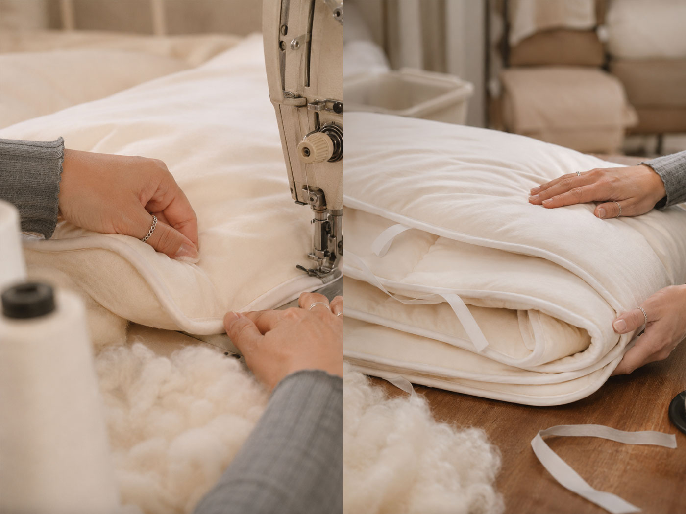 Soft carded wool arranged in even, lofty layers ready to be made into bedding